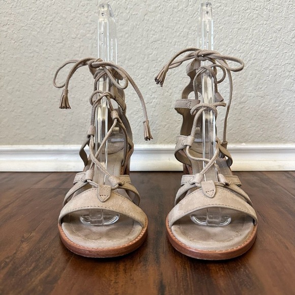 FRYE Brielle Gladiator Lace-Up Sandals Stacked Heel Beige - Picture 4 of 11